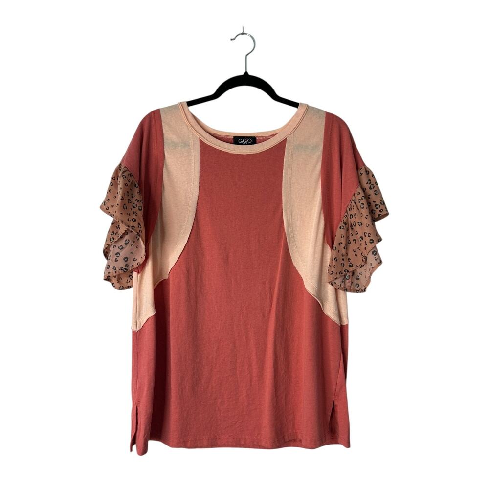 Gigio Top Size‎ S Mixed Media Print Colorblock Short Ruffle Sleeves Boho Peasant